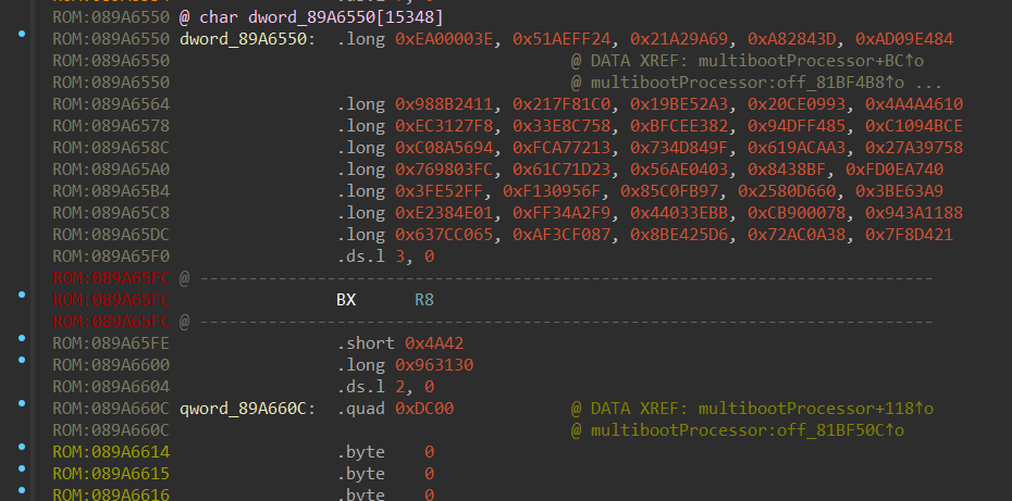 A section of memory in IDA showing a reference to 89A660C as described above, but another reference to what looks like a ROM header, C0 bytes before it with xrefs from the multibootProcessor function.