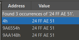 Three occurrences of "24 FF AE 51" in the Emerald ROM dump.