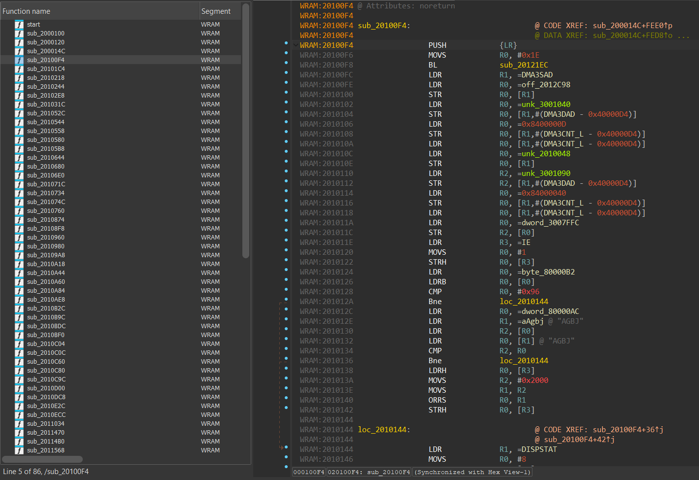 IDA view of the Berry Patch ROM, showing not just 3 functions but many more.