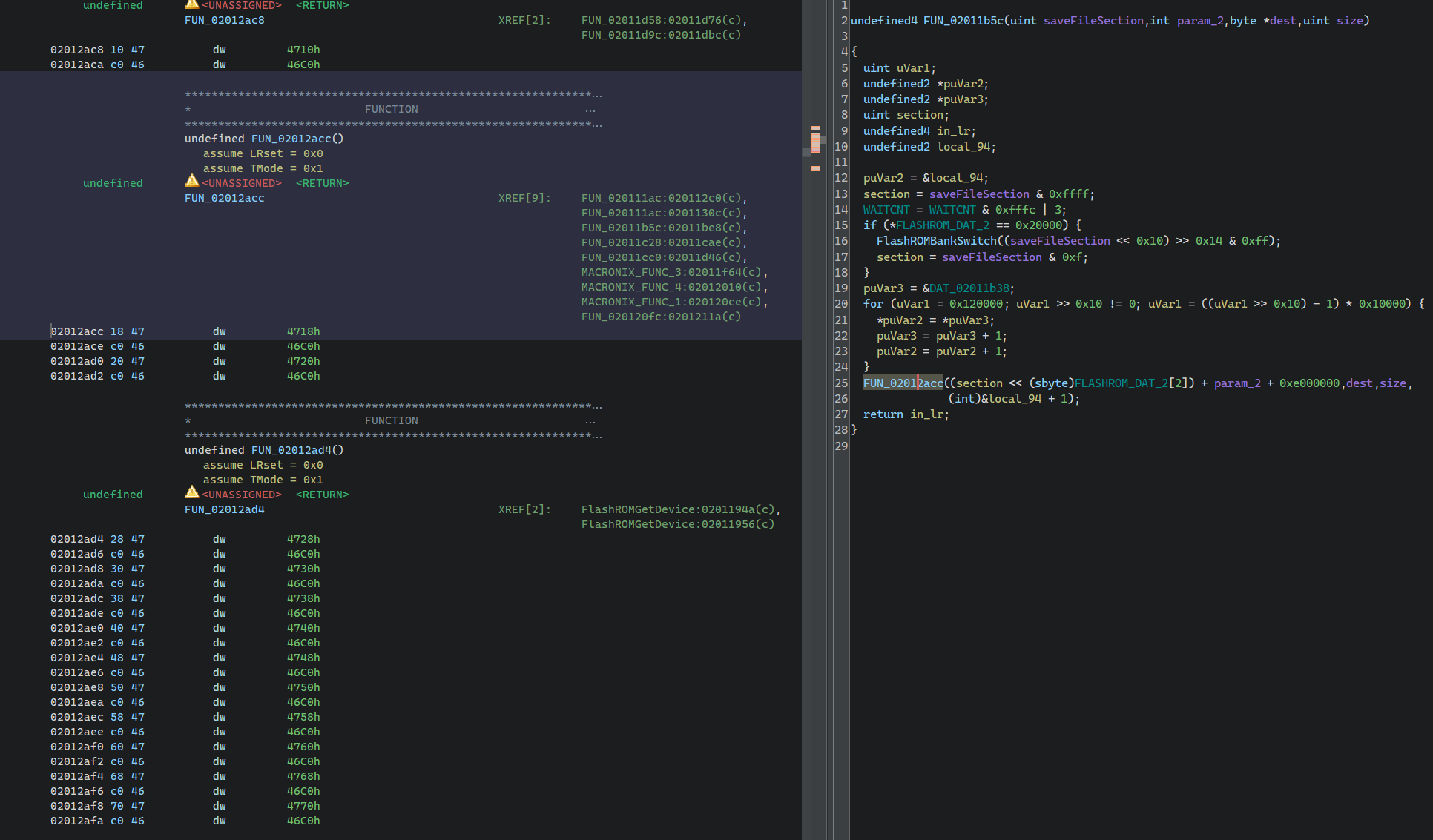 A function on the right in Ghidra is seemingly set up to copy data from "saveFileSection" to "dest". At the end is a function call to FUN_02012acc. The listing on the left side shows that address, but it contains an array of 2-byte values.