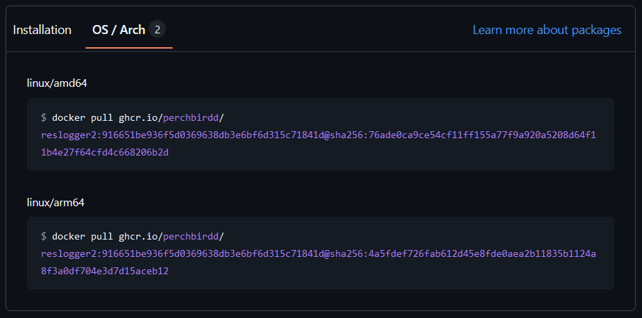 The OS/Arch tab of the ResLogger2 image pane on GitHub, showing an image for linux/amd64 as well as linux/arm64.